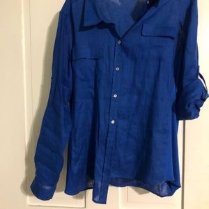 Blue button up linen Calvin Klein blouse.